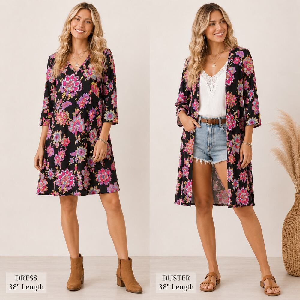 Susan Graver Liquid Knit Dress/Duster Women's Size 1XP Black Floral Boho Cottage